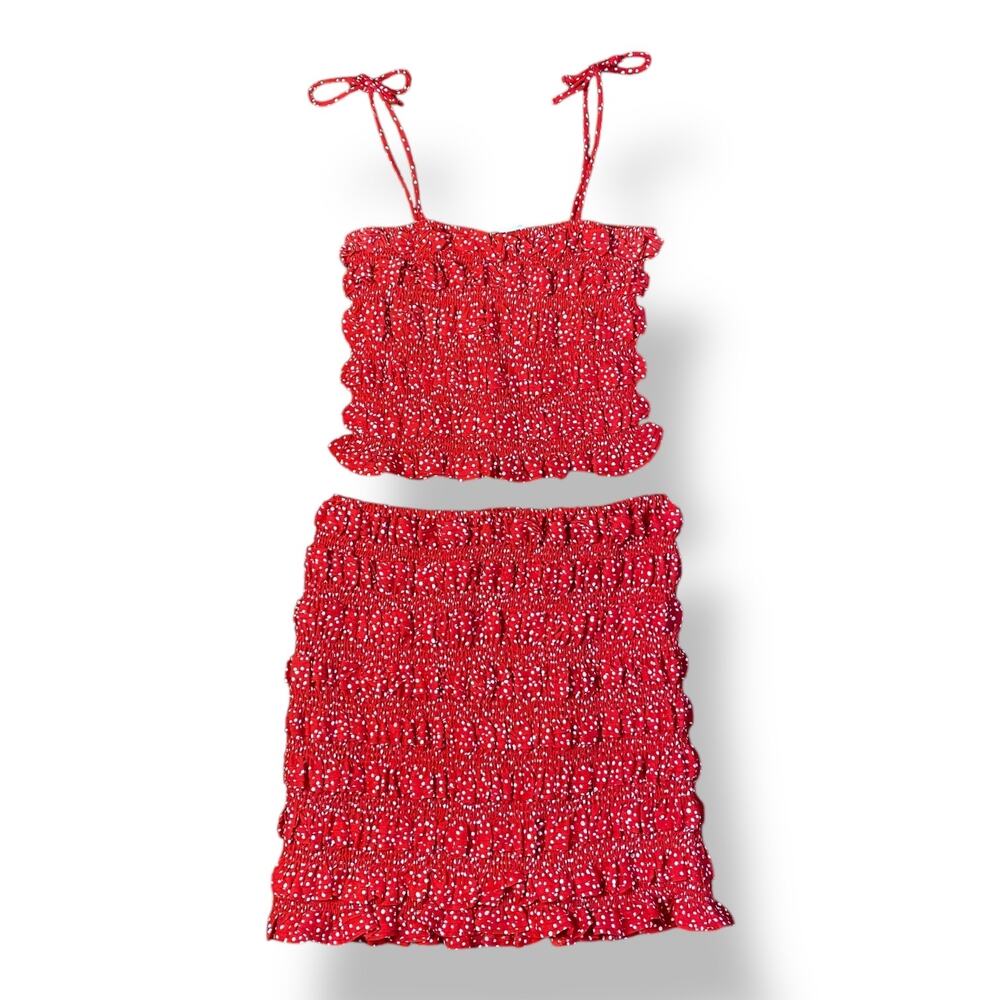 Storia Red White Polka Dot Ruffled‎ Tank and Skirt Set Size S Boho Preppy